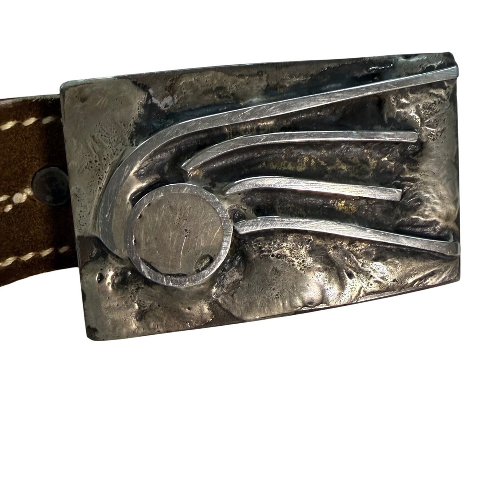 VTG  Brutalist Studio Art Belt Buckles with Full Grain Leather Strap Size 34